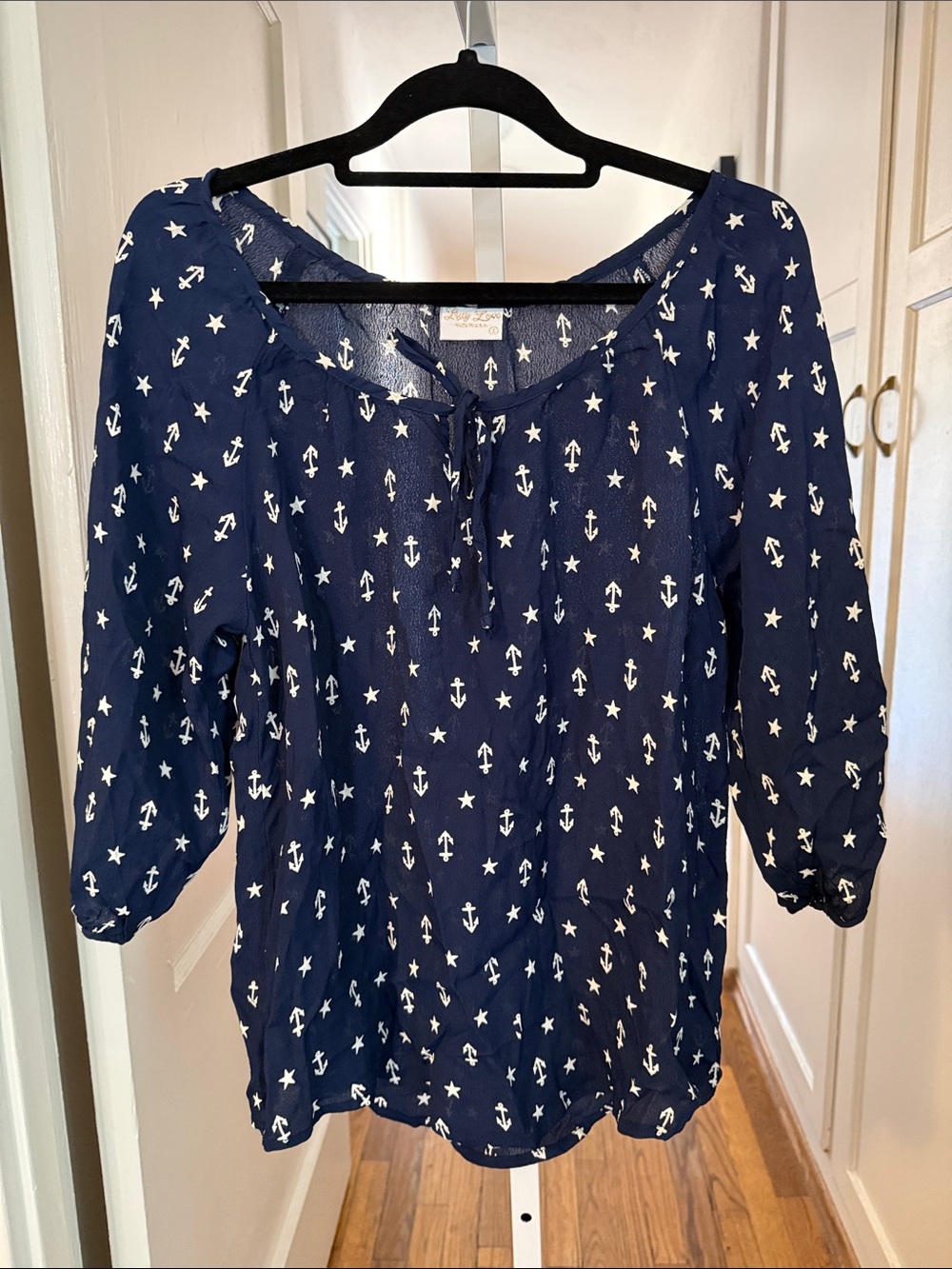 Lucy Love Navy Anchor & Star Peasant Top